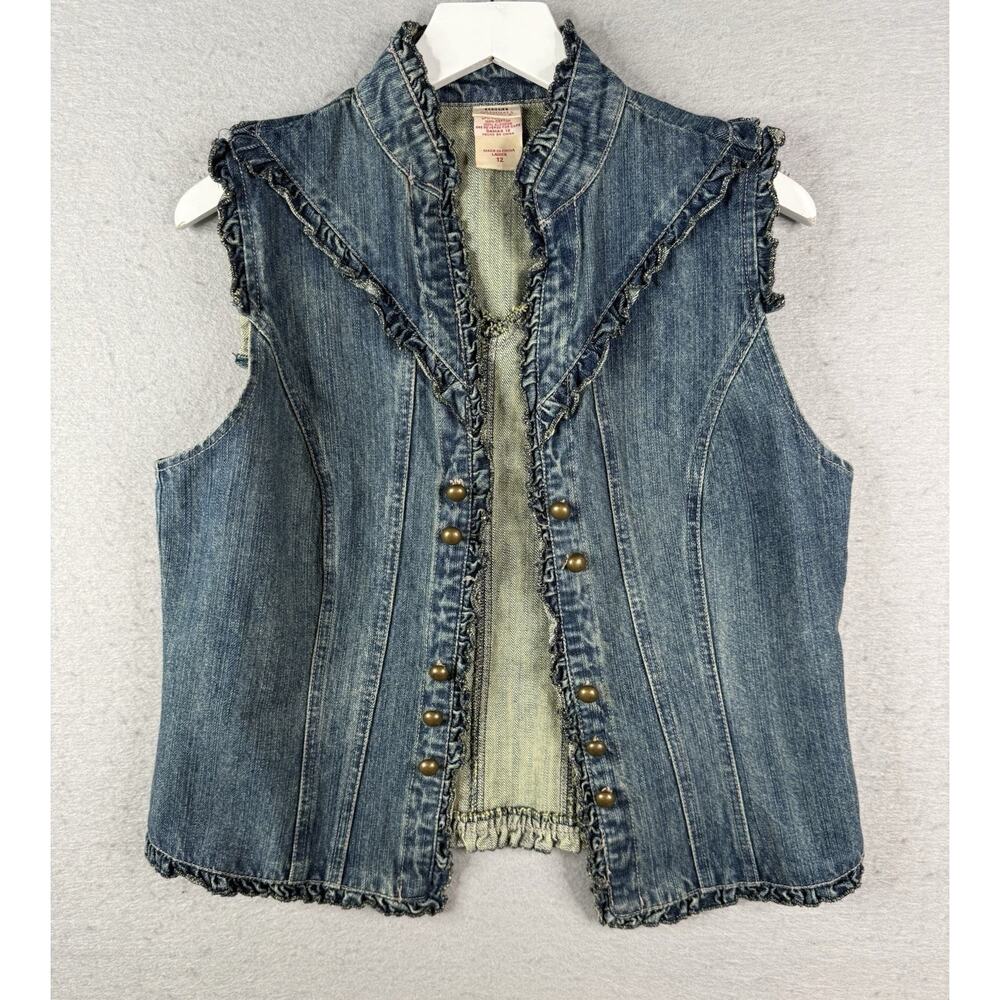 Vtg Y2K Faded Glory Denim Vest Waistcoat Sz 12 Steampunk Western Ruffle Grunge